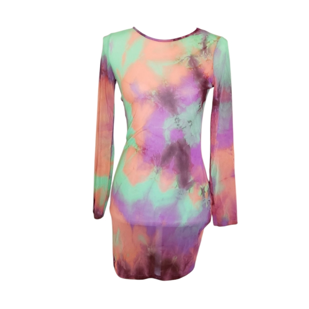 VTG Y2K M Bodycon Mini Dress Micromesh Tye Dyed Rave Festival Sheer Long Sleeves
